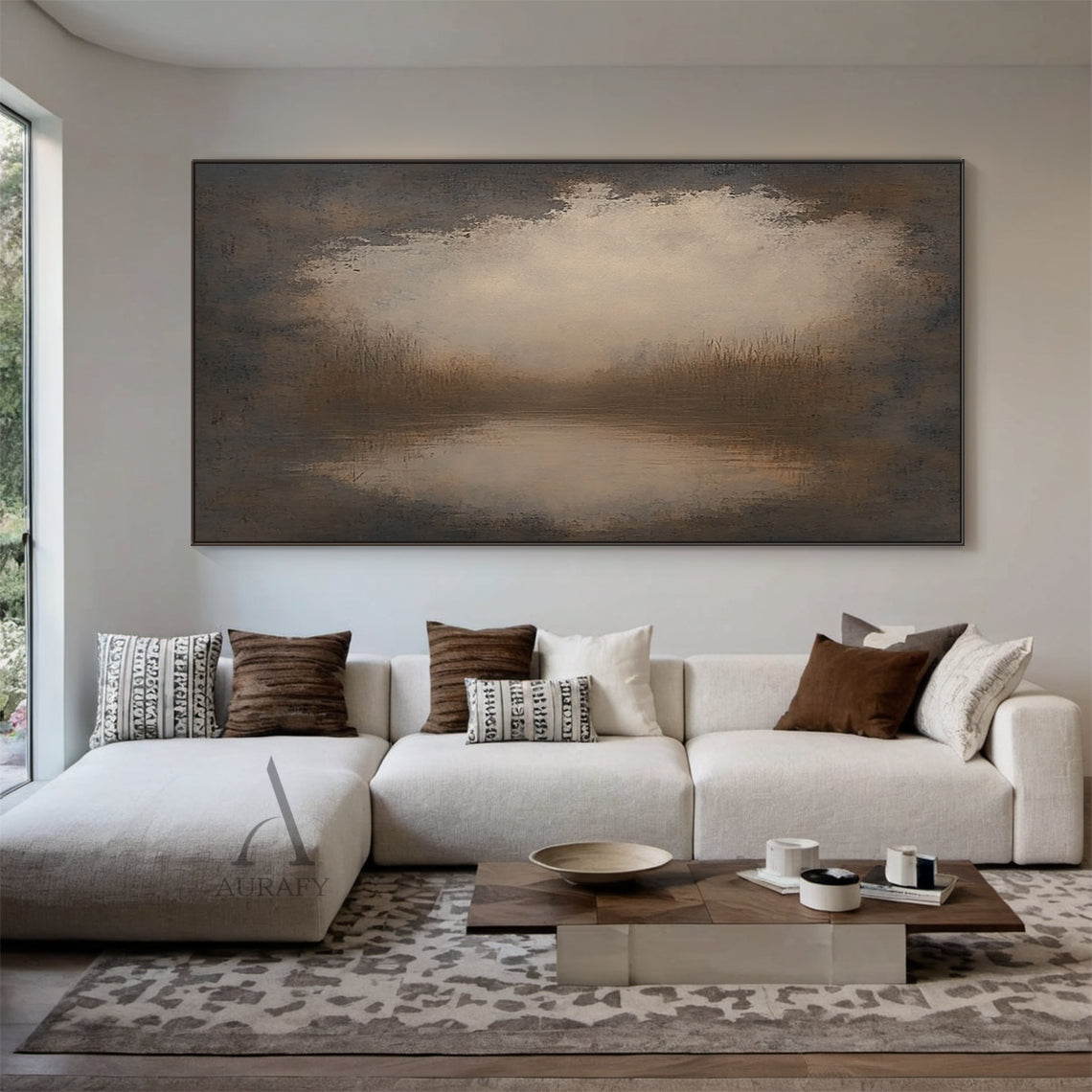 Marsh at First Light, Brown Misty Landscape Wall Art AURA876