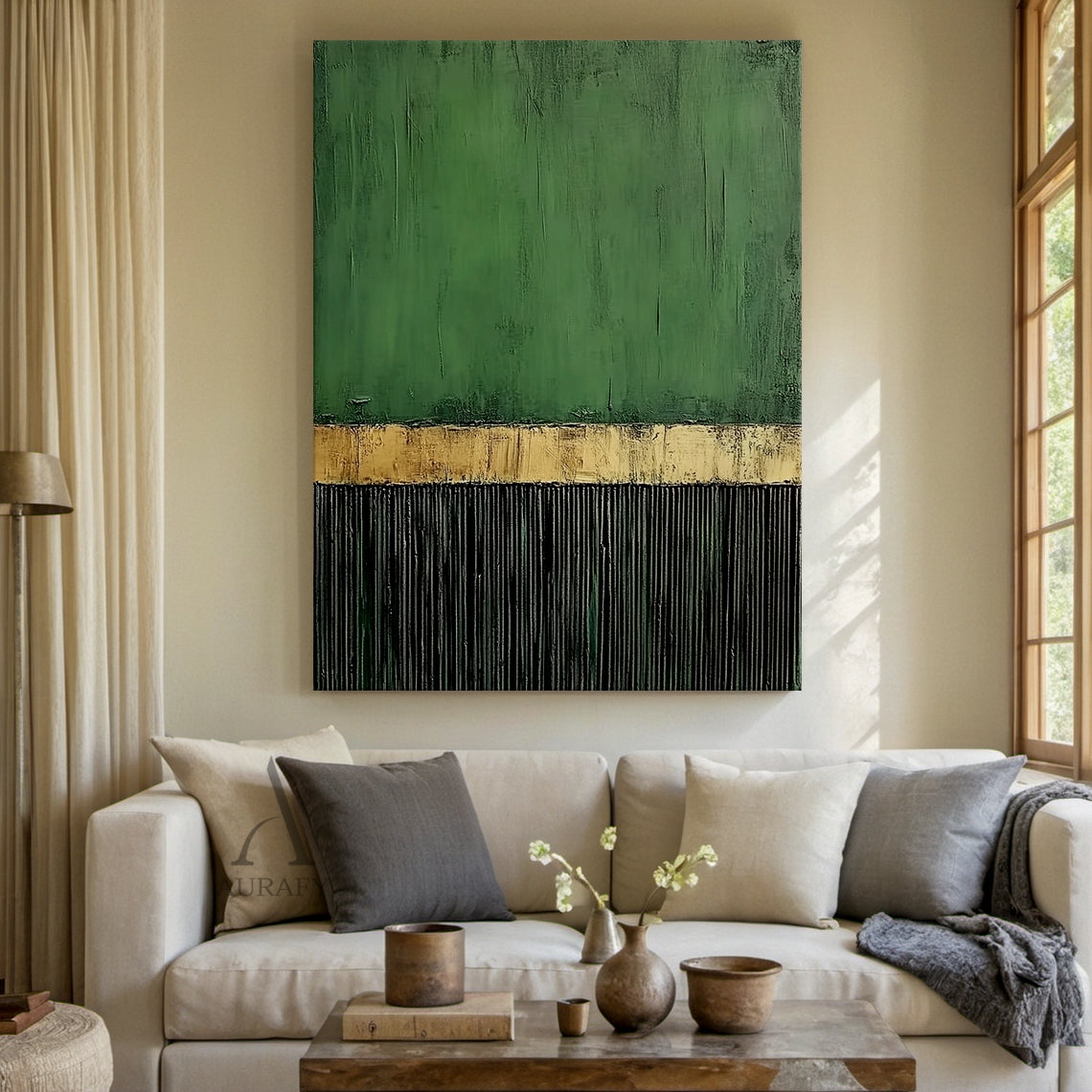 Minimalist Wall Art Green Black Textured Brush Strokes Distressed Gold Vertical Stripes Luxe Piece AURA437