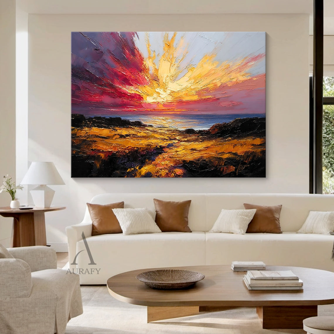 Textured Palette Knife Red Brown Coastal Sunset Impasto Canvas Wall Art Modern Organic Home Decor AURA748