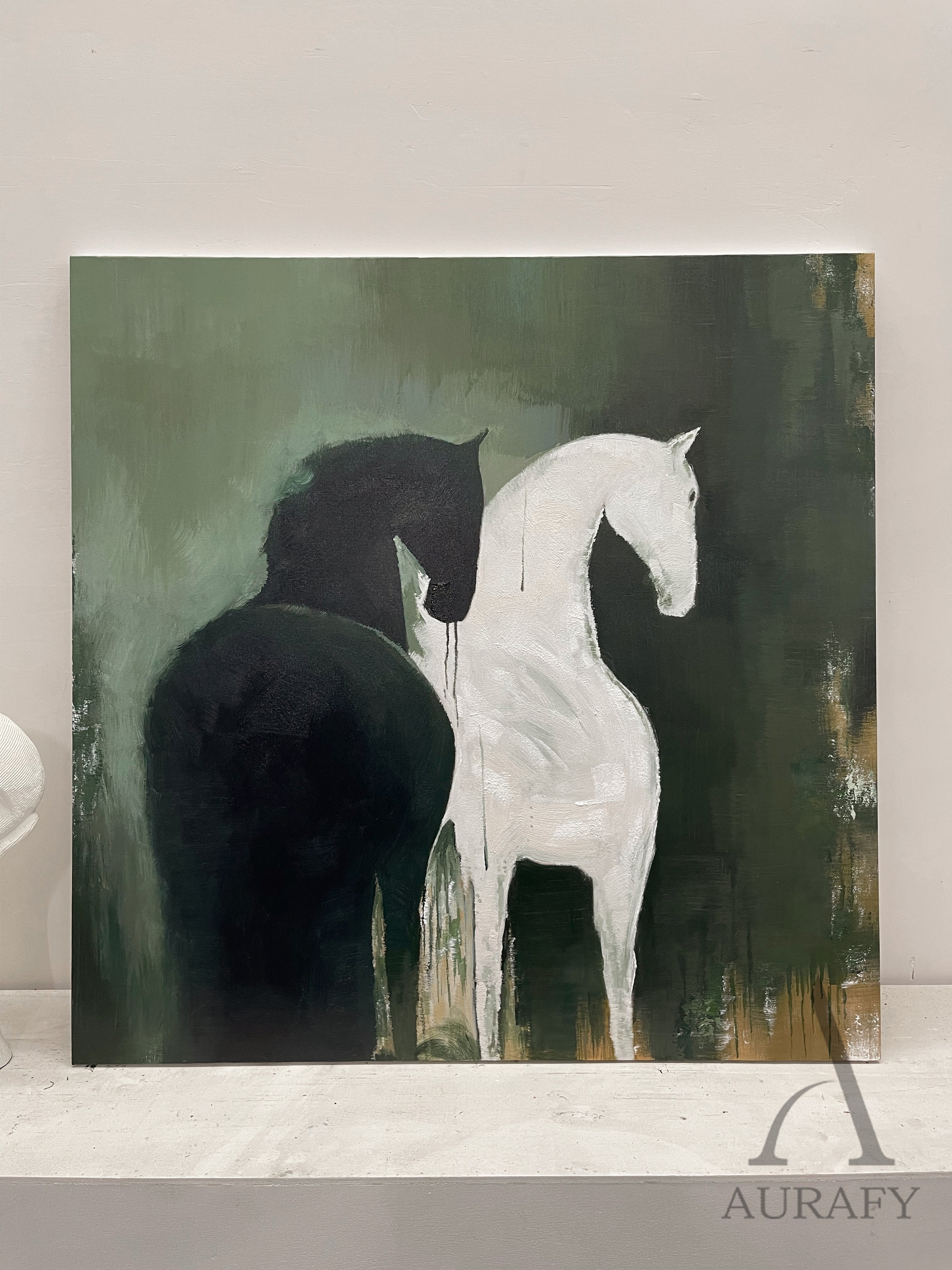 Large Scale Abstract Green Horse Oil Painting Textured Animal Wall Art-AURA340