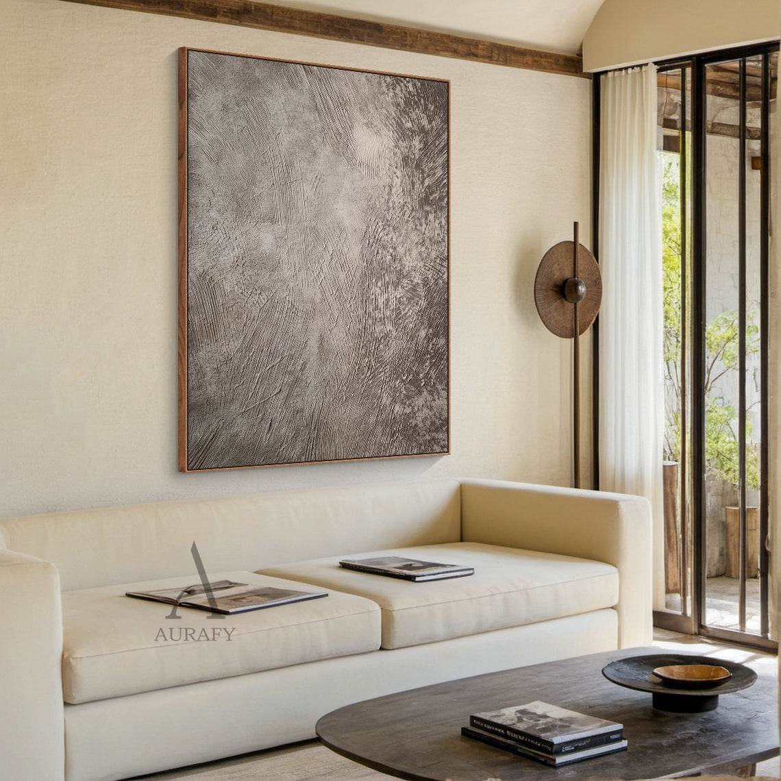Gray Abstract Art Plaster Textured Tactile Surface Industrial Minimalist Sculpted Lines Wall Decor AURA596