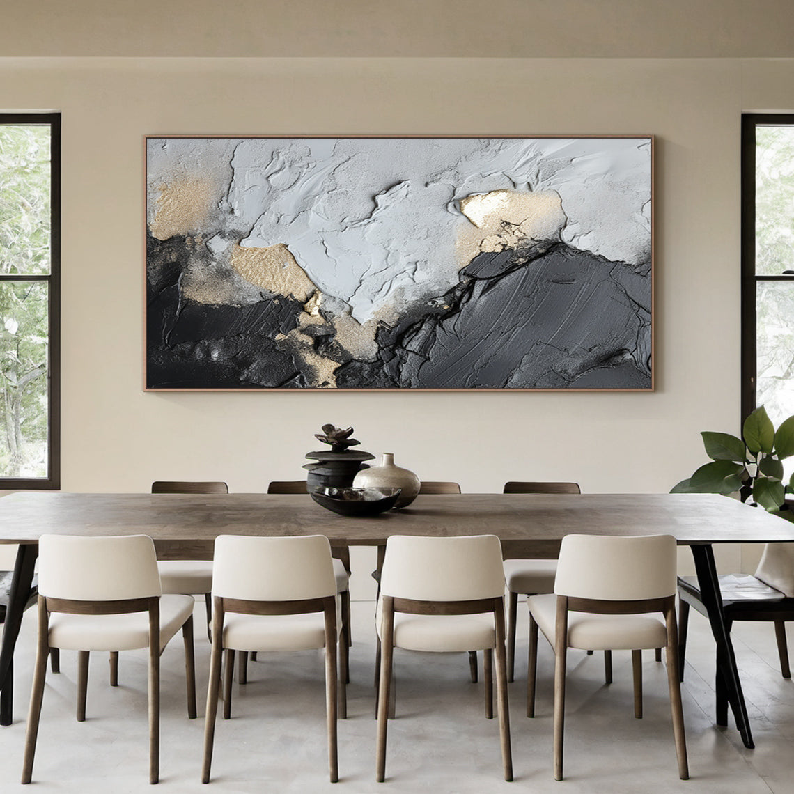 Dynamic Metallic Canvas – Charcoal, Silver & Gold Accents – AURA002(Horizontal)