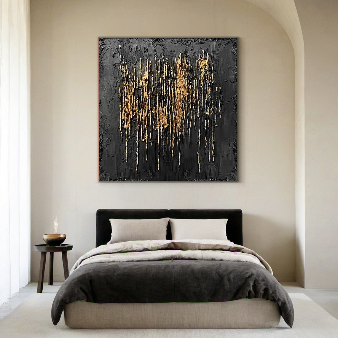 Metallic Drip Texture Canvas – Charcoal & Gold Accents – AURA031(Square)