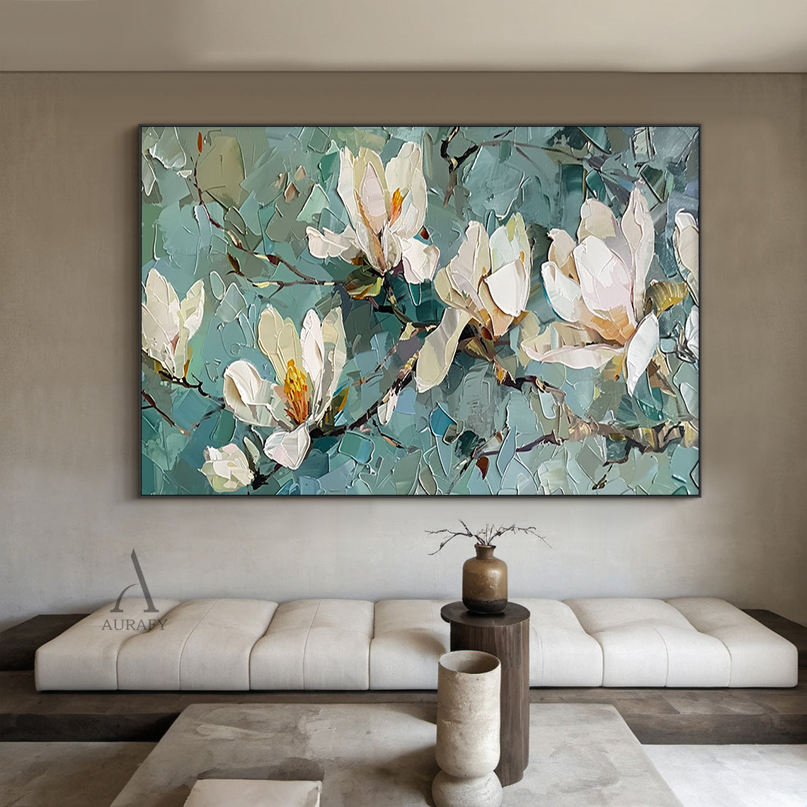 3D Textured Magnolia Painting Knife Strokes High-Relief Blue Green Tactile Modern Artwork AURA418