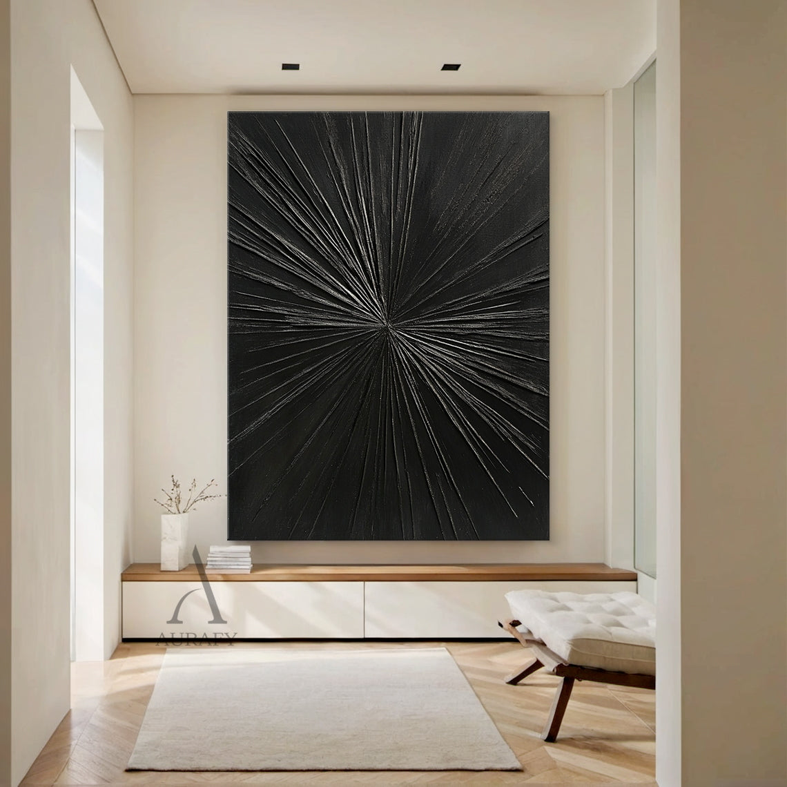 Minimalist Black Wall Art Tactile High-Relief Scratch-Textured Silver Metallic Lines Sculpted Abstract AURA456