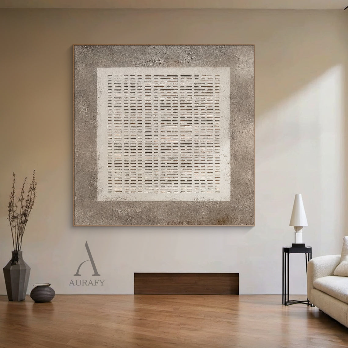 Abstract Gray Plaster Textured Modern Art Minimalist Tactile Hand-drawn Edge Repeating Lines AURA630