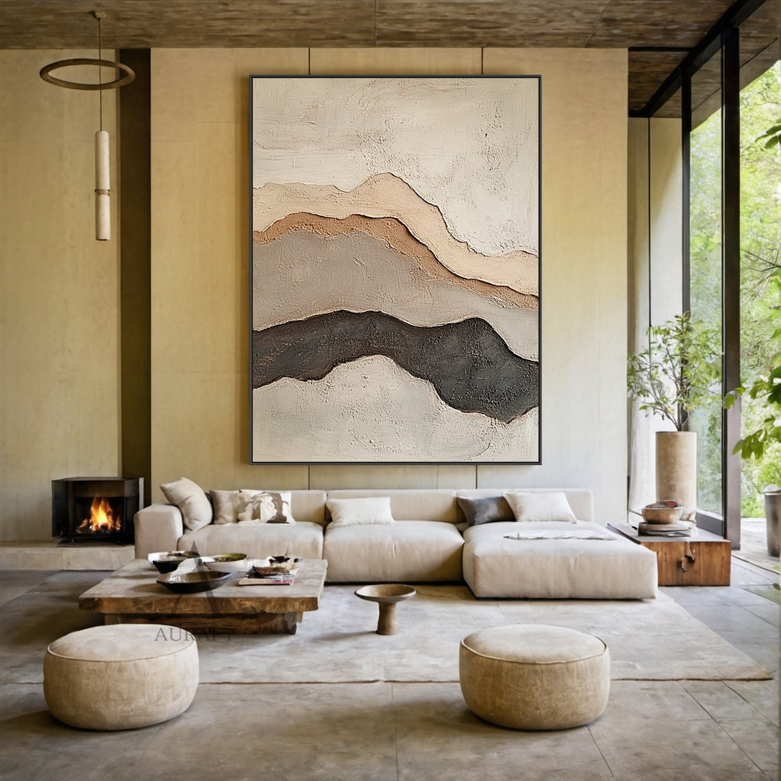 Beige Abstract Landscape Layered Plaster Textured High-Relief Tactile Minimalist Modern Organic Artwork AURA438