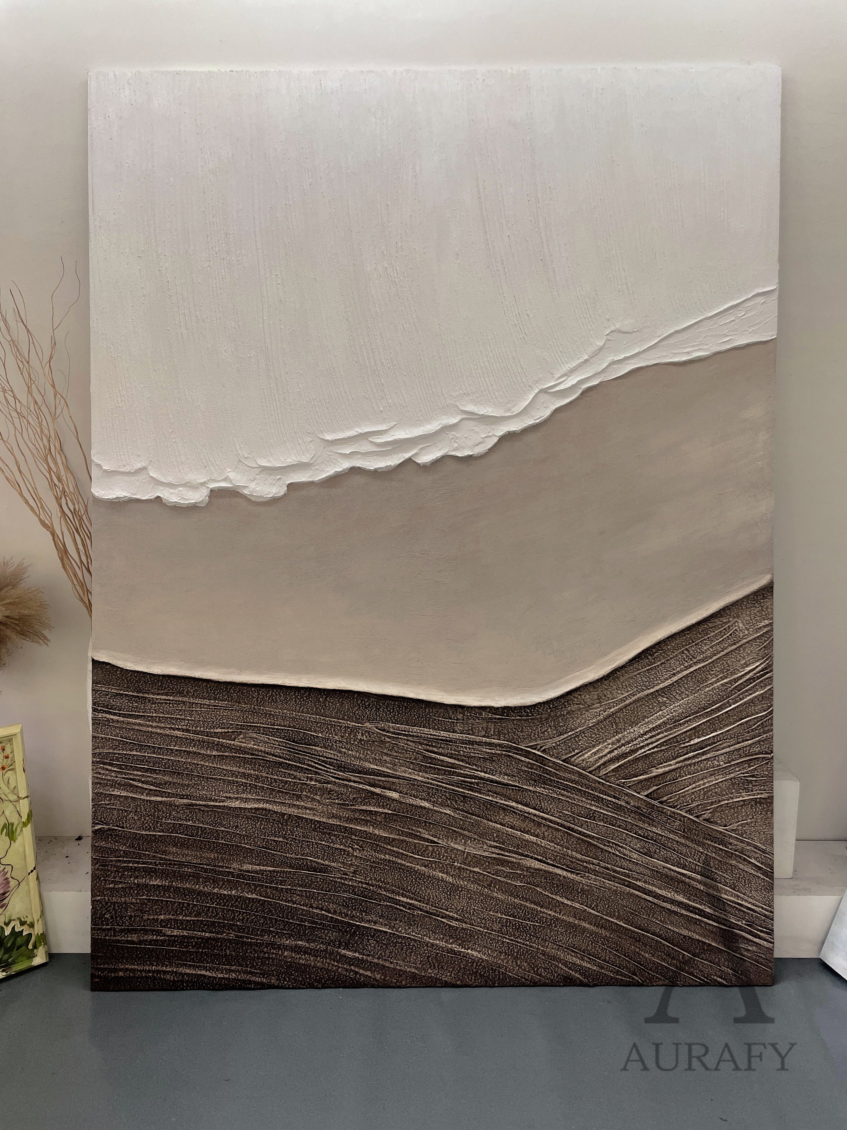 Beige Brown Landscape Art Thick Textured Canvas with Vertical Strokes Wavy Folds Modern Organic Minimalist Luxe AURA469