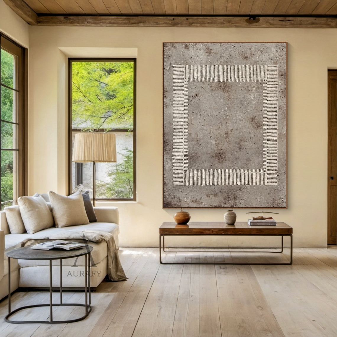 Gray Abstract Art Plaster Textured Woven Line Frame Retro Industrial Minimalist Wall Decor AURA593