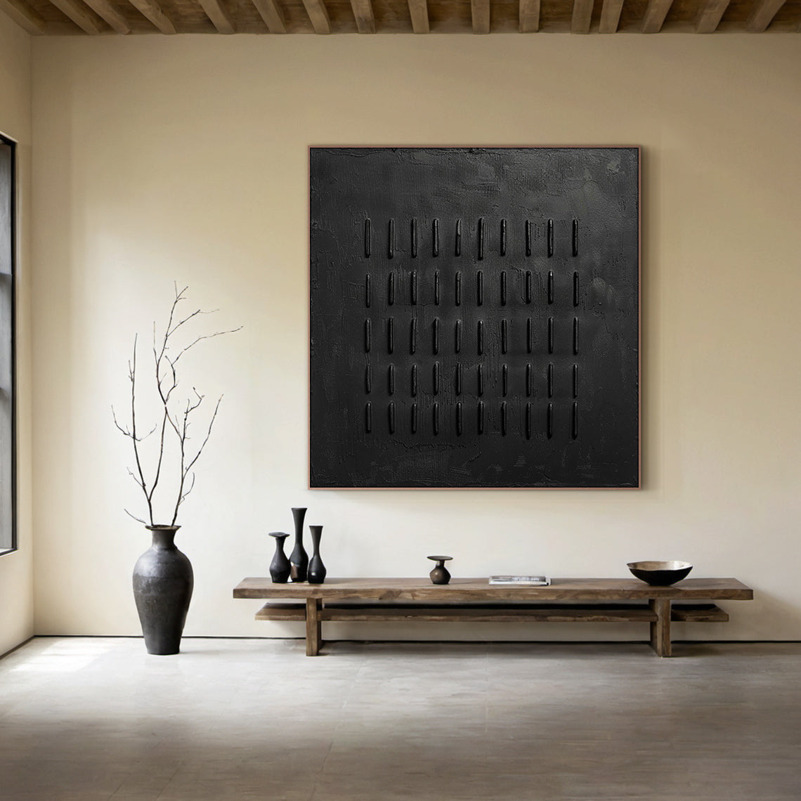 Monochrome Linear Texture Canvas-Deep Matte Black-AURA003