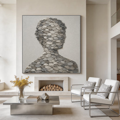 3D Textured Gray Plaster Wabi-Sabi Human Silhouette Knife Stroke Sculpted Canvas Minimalist Japandi Wall Art AURA703