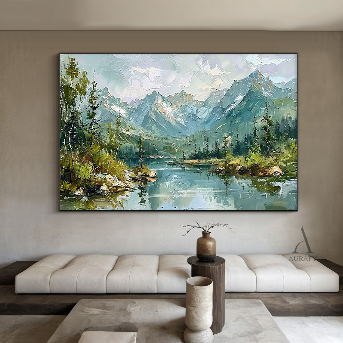 Green Landscape Oil Painting Modern Organic Visible Brushstrokes Lush Mountain Lake Art AURA421