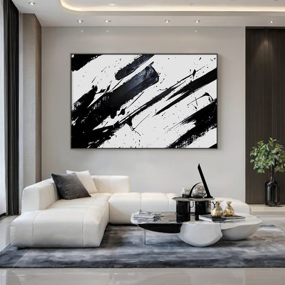 Minimalist Wall Art Black White Abstract Brushstroke Ink Splatter Dynamic Tactile Art AURA551