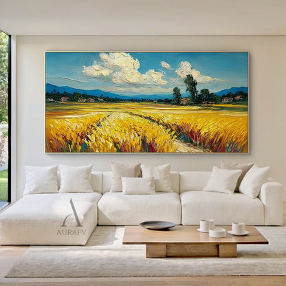 Impasto Textured Yellow Blue Wheat Field Landscape Hand Painted Oil Painting Wall Art Canvas Decor AURA745