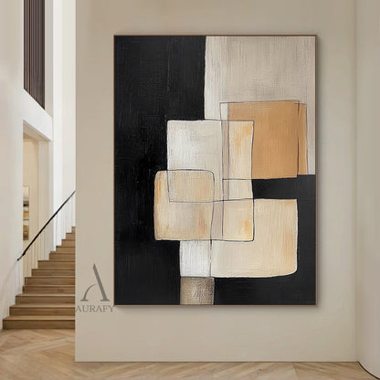 Modern Abstract Geometric Art Beige Black Tactile Brush Strokes Hand-Painted Canvas Wall Decor AURA645