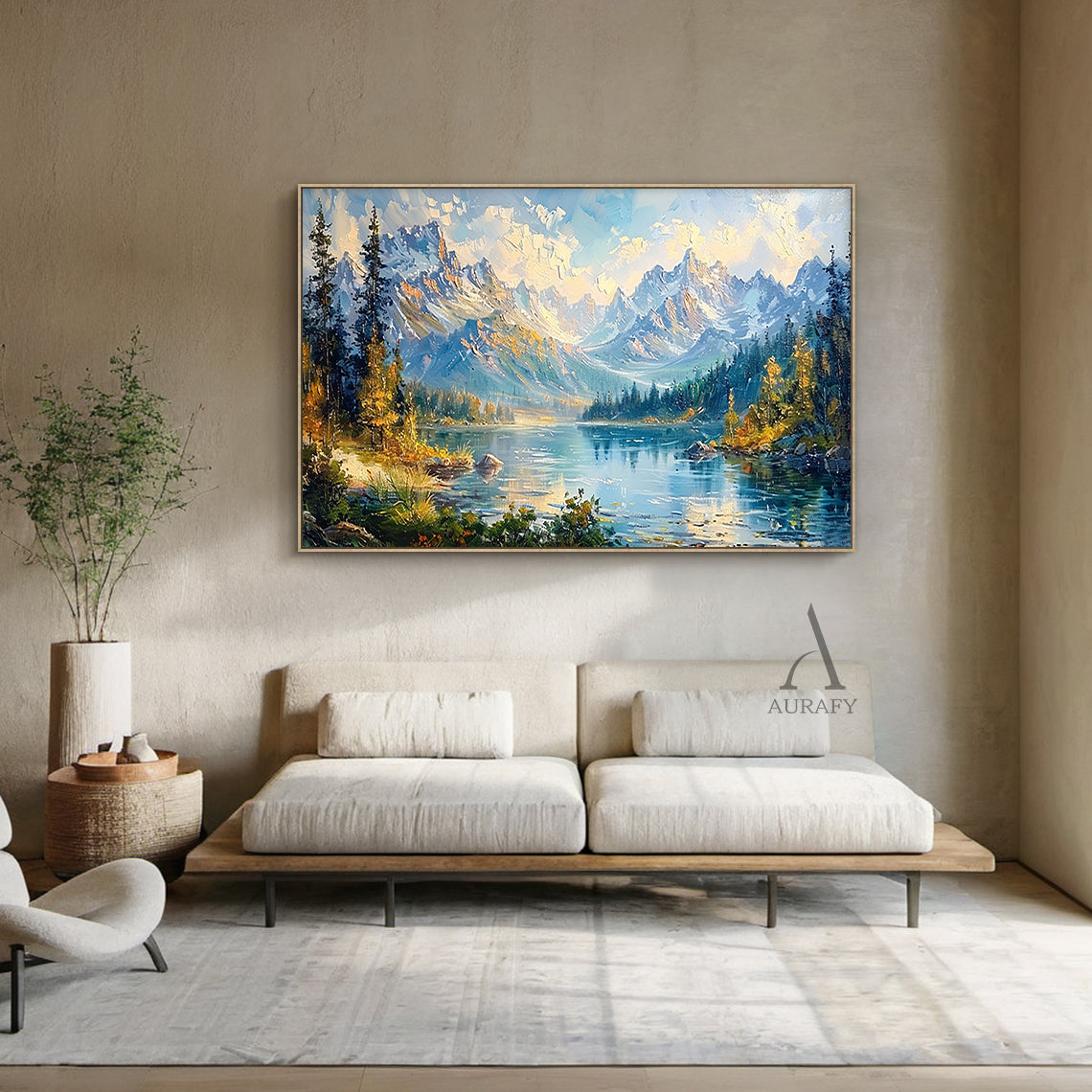 Blue Landscape Oil Painting with Knife Strokes Mountain Lake Snow-Capped Peaks Reflective Water AURA422