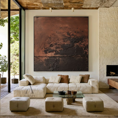 Red Brown Abstract Painting with a Sweeping Dark Textured Mass - AURA846