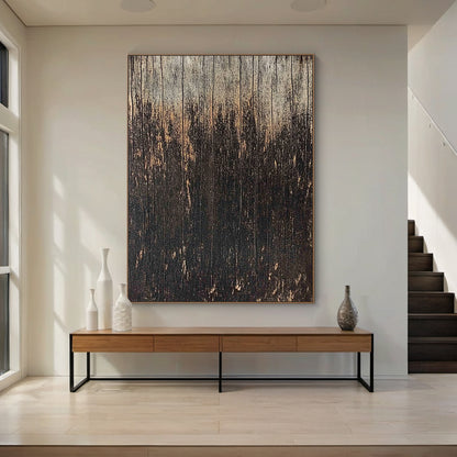 Wabi Sabi Distressed Wood Grain Black Brown Weathered Vertical Texture Artwork with Chipped Patina AURA592