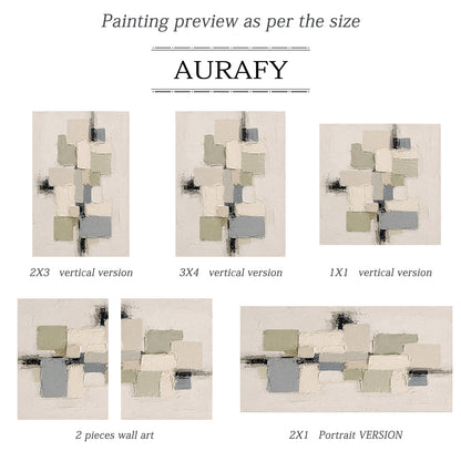 3D Textured Plaster Painting Wabi-Sabi Japandi Geometric Green Beige Knife Stroke Sculpted Canvas Wall Decor AURA753