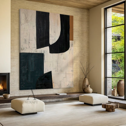 Black Curved Forms on Beige Abstract Wall Art with Deep Teal - AURA840
