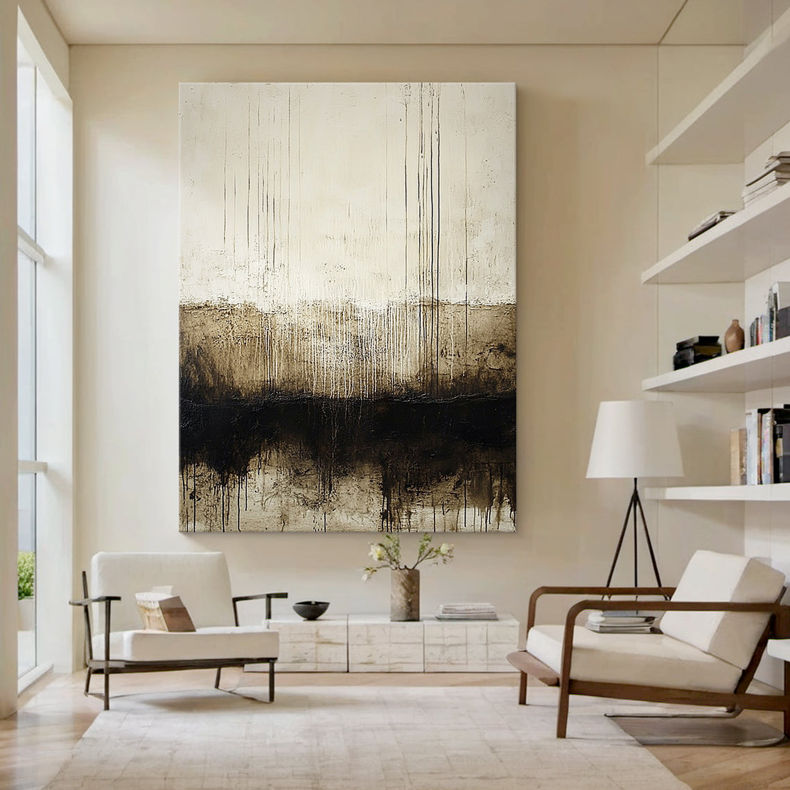 Wabi Sabi Beige Black Abstract Art with Dripped Paint Scratch Marks Tactile Texture Vertical Lines AURA590
