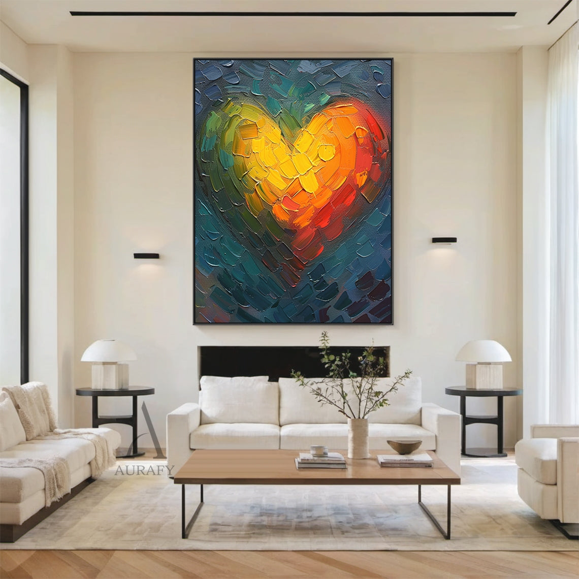 Abstract Heart Oil Painting Impasto Knife Strokes Warm Yellow Red Cool Blue Tactile Surface AURA623