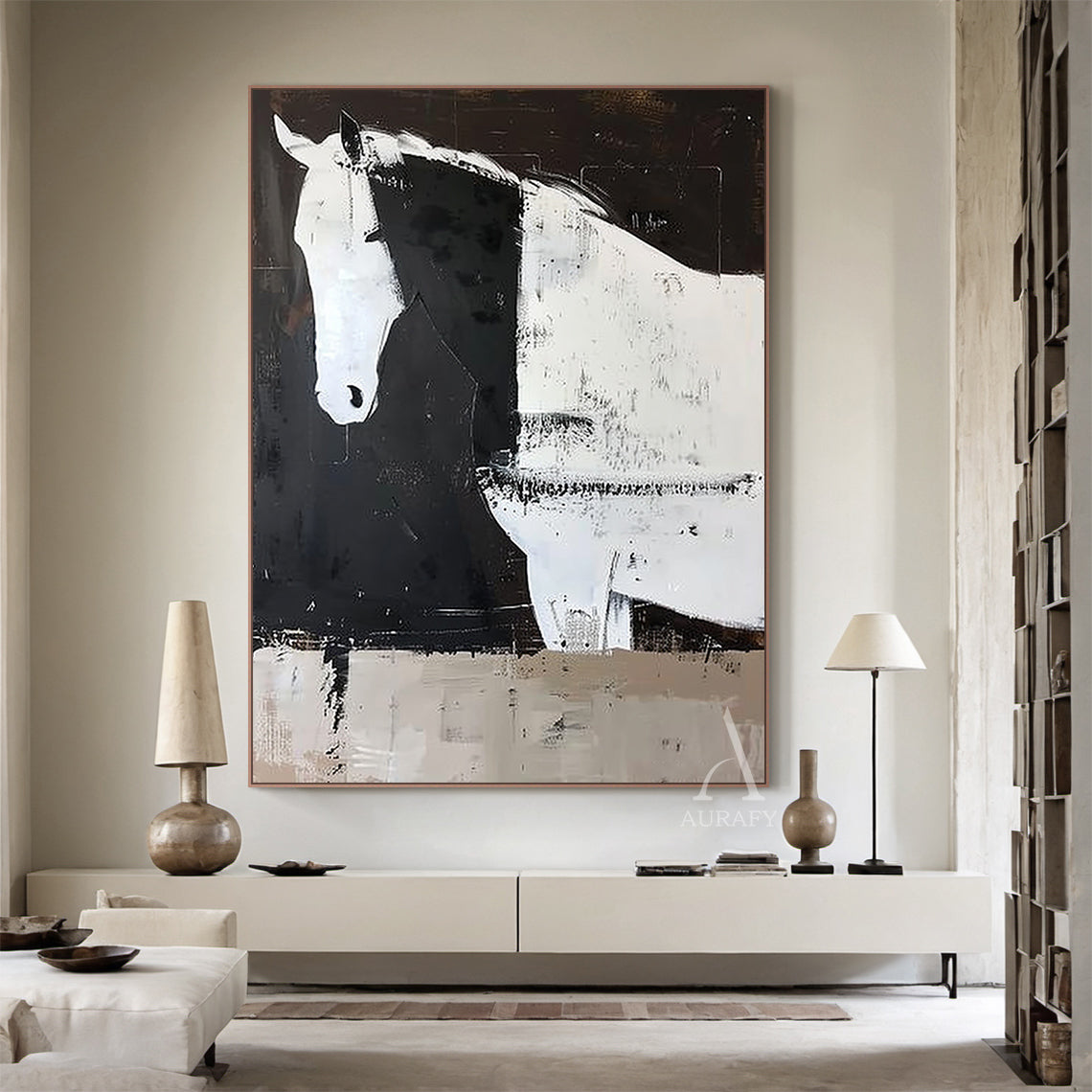 Large Scale Abstract Black and White Horse Textured Animal Wall Art-AURA341