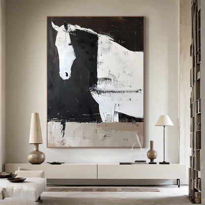 Large Scale Abstract Black and White Horse Textured Animal Wall Art-AURA341