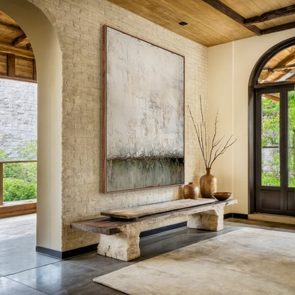 Wabi Sabi Plaster Textured Beige Green Impasto Scuffed Peeling Dripped Modern Artwork AURA576