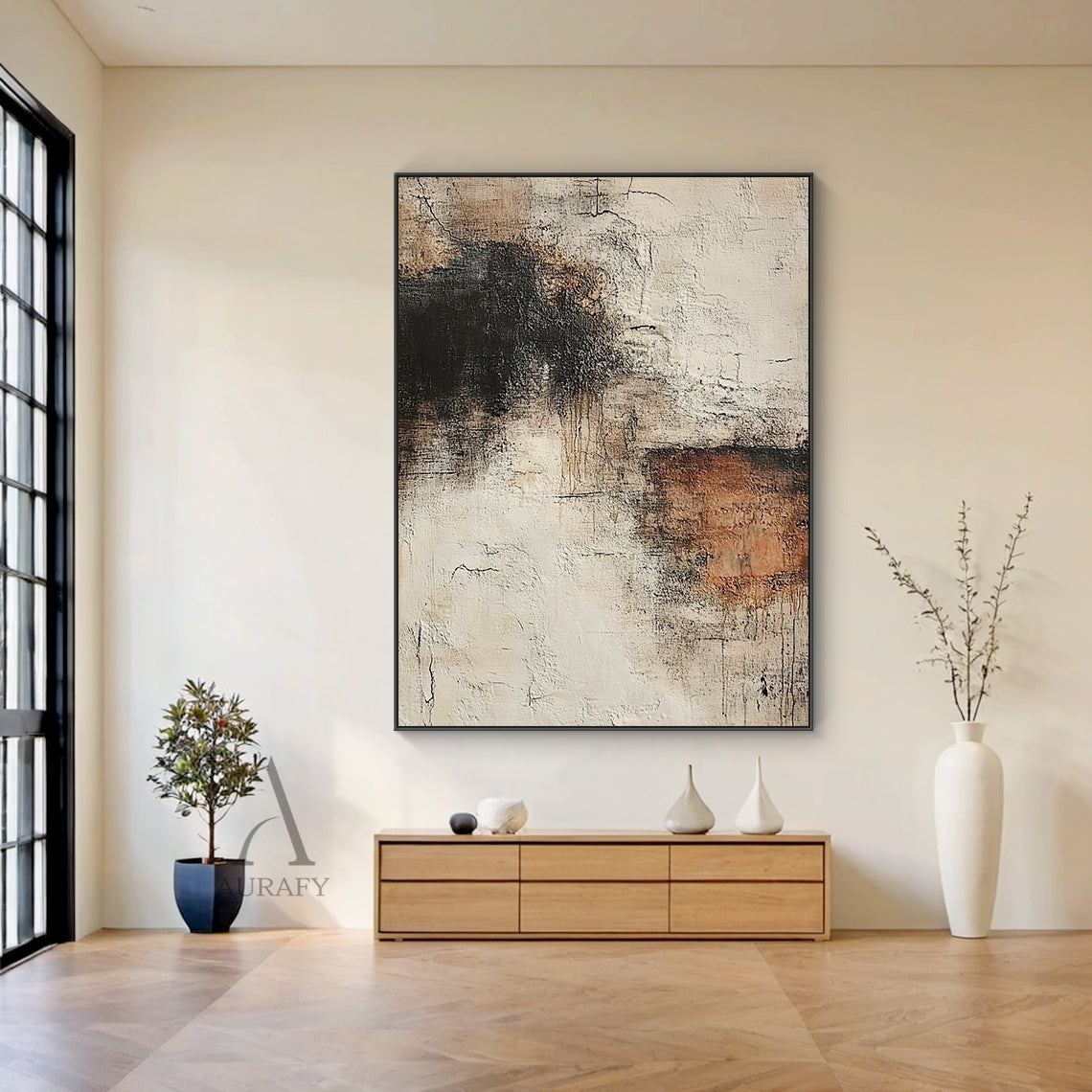 General Abstract Beige Brown Wabi-Sabi Impasto Relief Tactile Canvas Artwork with Scraped Textures AURA635