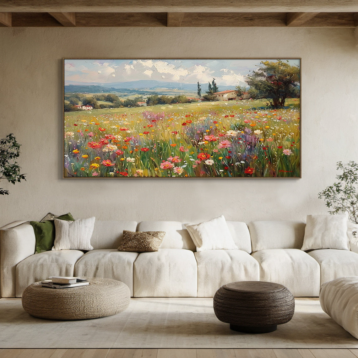 Textured Impressionist Green Yellow Wildflower Landscape Knife Painted Canvas Wall Art For Modern Organic Decor AURA714