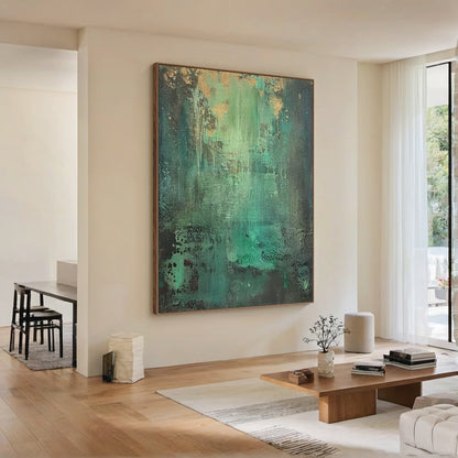 Textural Abstract Wall Art – Emerald Green & Gold Patina– AURA038(Horizontal)