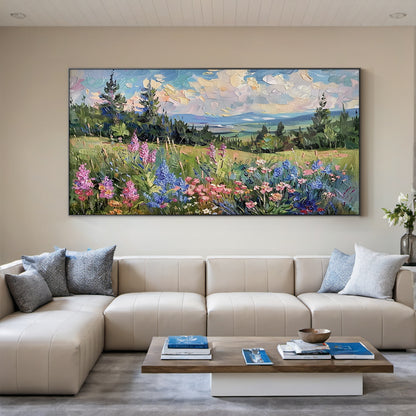 Green Wildflower Mountain Landscape Impasto Knife Stroke Oil Painting Textured Canvas Modern Organic Wall Art AURA713