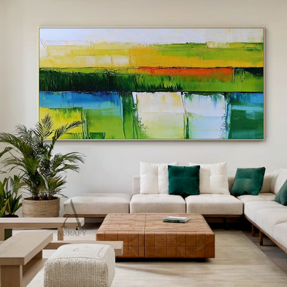 Abstract Green Blue Impasto Art with Thick Tactile Color Block Knife Strokes AURA622