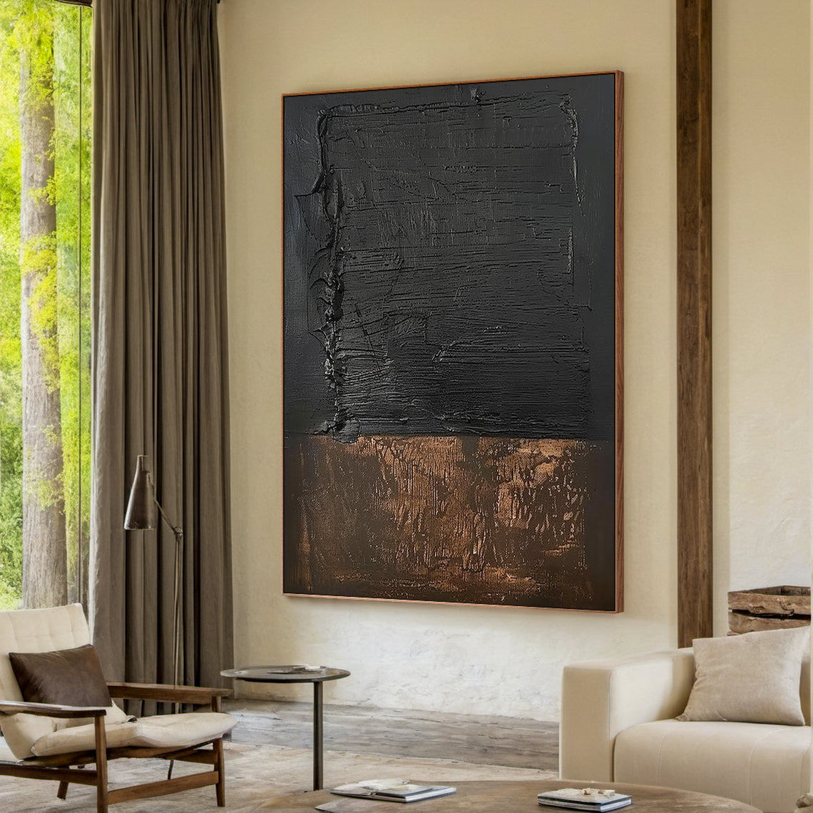 Wabi Sabi Black Brown Abstract Art with Thick Paint Distressed Edges Tactile Surface AURA579