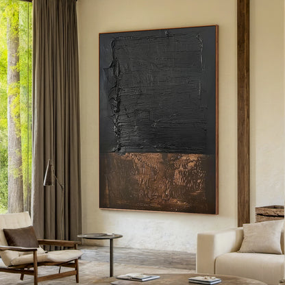 Wabi Sabi Black Brown Abstract Art with Thick Paint Distressed Edges Tactile Surface AURA579
