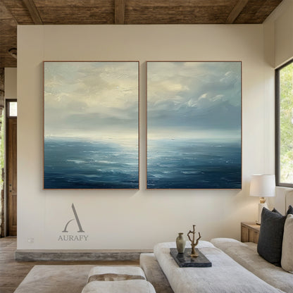 Blue Ocean Abstract Art Impasto Textured Modern Organic Wavy Line Sky Landscape AURA464