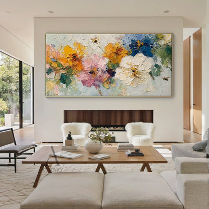 3D Impasto Textured Painting Colorful Floral Bouquet with Bees Tactile Surface Artwork AURA447