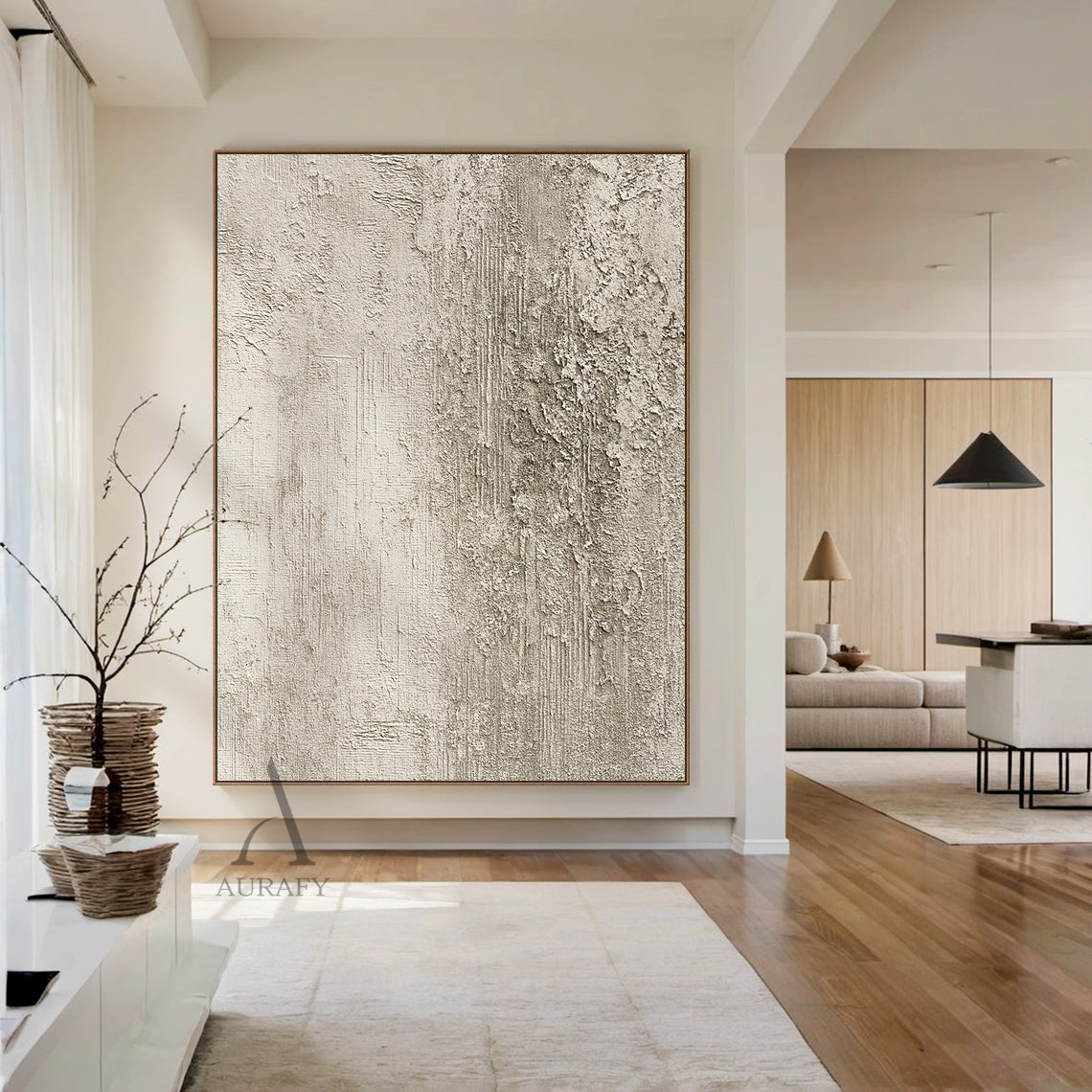 Beige Abstract Plaster Textured Art with Tactile Peeling Surface Vertical Lines Wabi-Sabi Style AURA452