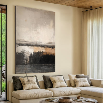 Beige and Black Abstract Painting with a Broken Ochre Accent - AURA852