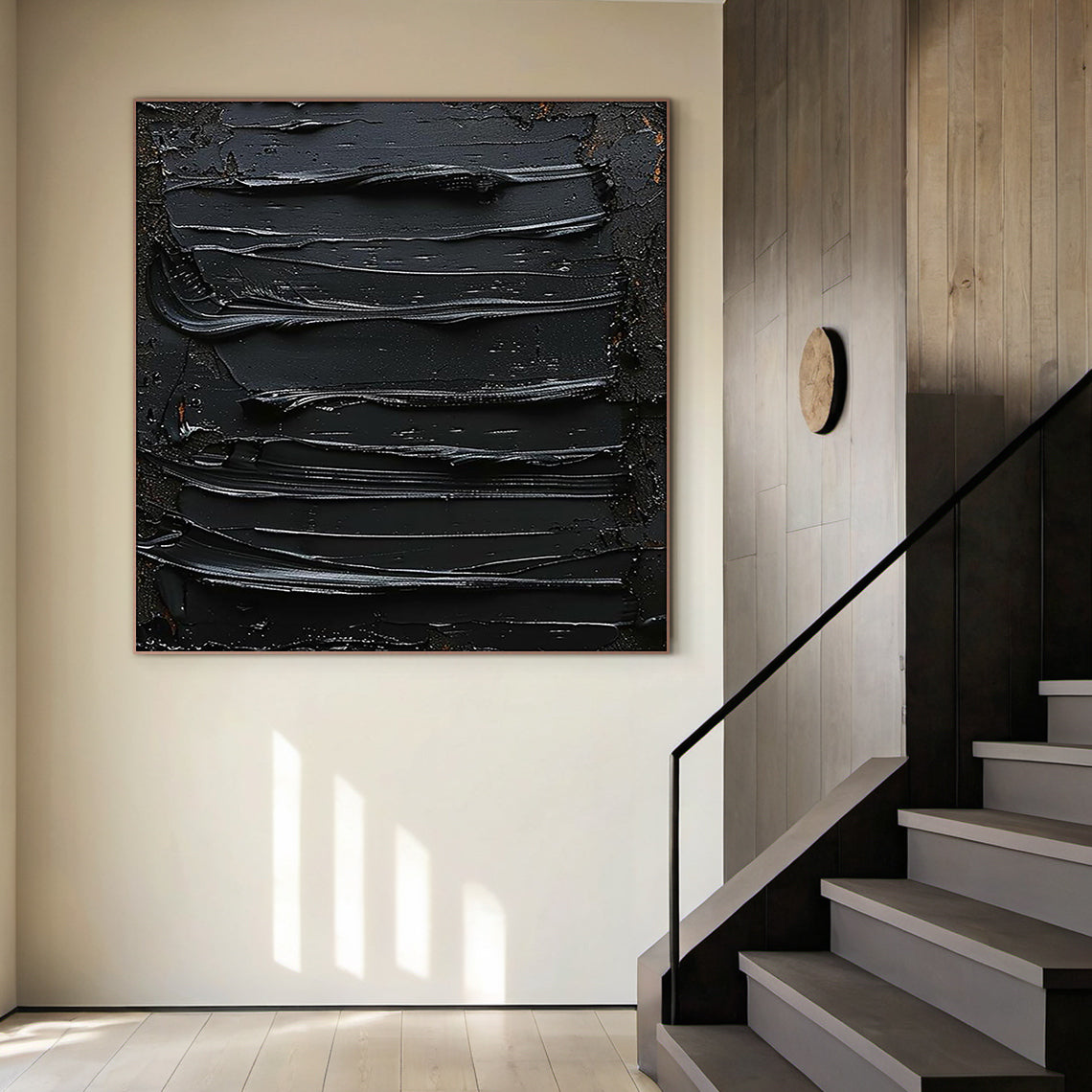 Sculptural Impasto Painting – Matte & Gloss Black Tones – AURA004(Square)