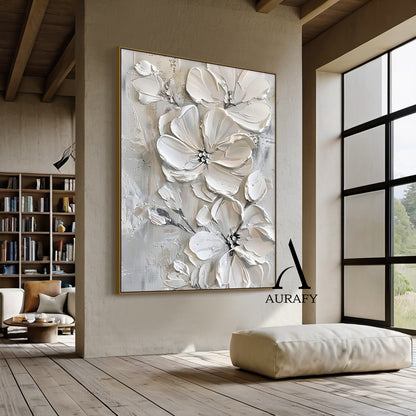3D Textured Painting Gray White Abstract Floral Sculpted Canvas Tactile High-Relief Impasto Modern Organic Artwork AURA515