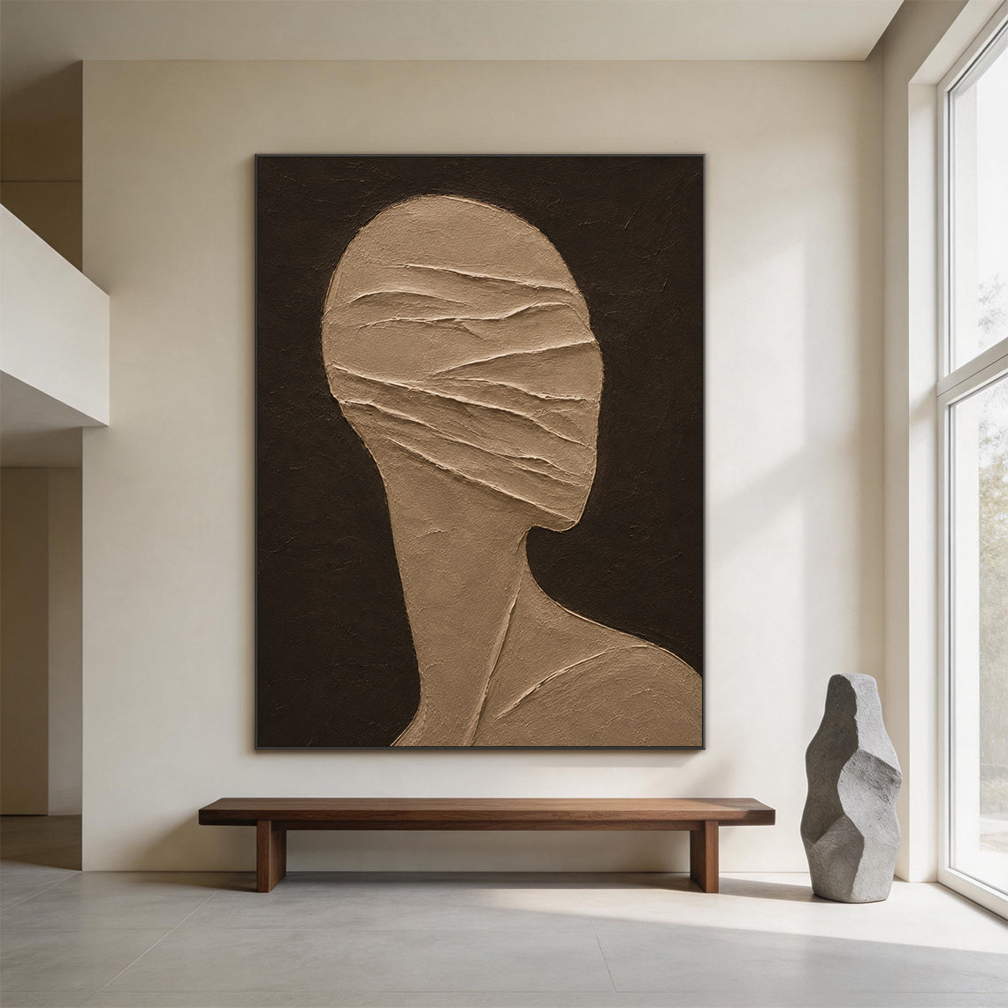 Wabi-Sabi Brown 3D Textured Plaster Abstract Figure Japandi Minimalist High-Relief Tactile Wall Art AURA705