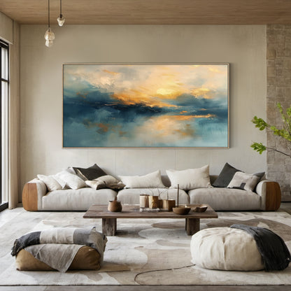 Blue Textured Landscape Art Knife Stroke Gold Sunset Canvas Japandi Minimalist Coastal Wall Artwork Decor AURA708