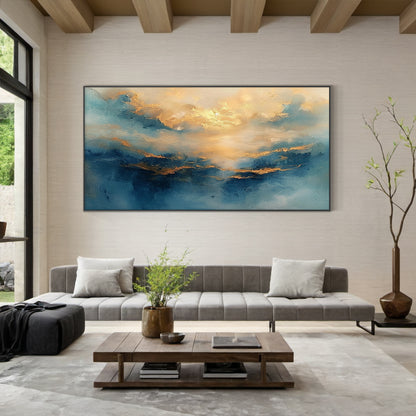 Textured Blue Gold Abstract Landscape Plaster Knife Stroke Japandi Wall Art Minimalist Luxe Home Decor AURA709