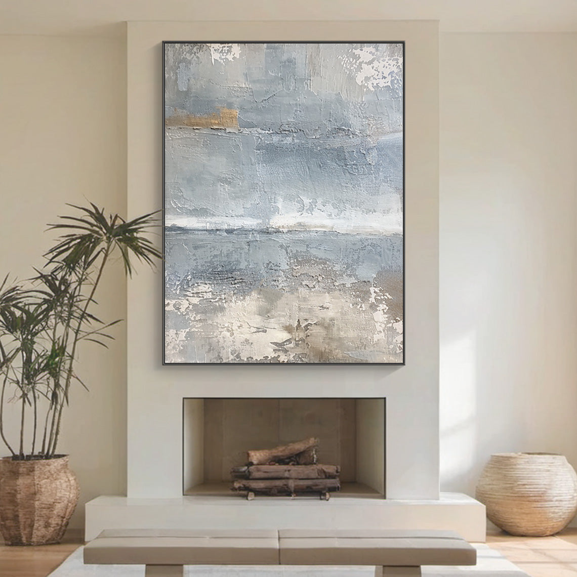 Minimalist Seascape Texture Canvas – Cool Blue & Taupe Painting – AURA035(Square)