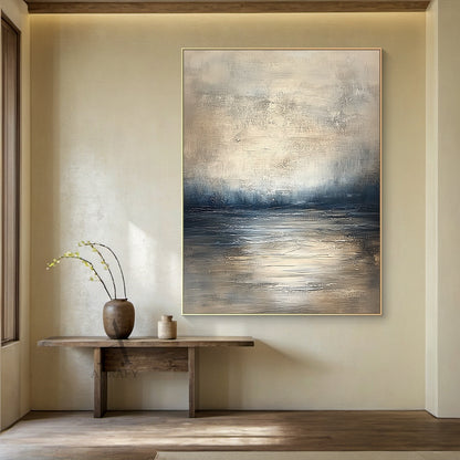 Abstract Beige Blue Art Impasto Knife Strokes Rippled Tactile Modern Organic Canvas Painting AURA618