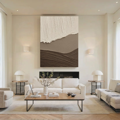 Beige Brown Landscape Art Thick Textured Canvas with Vertical Strokes Wavy Folds Modern Organic Minimalist Luxe AURA469