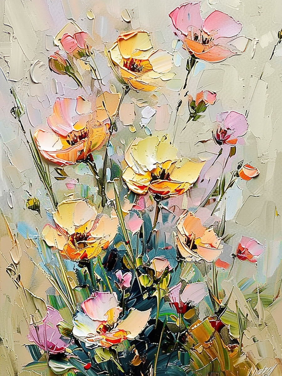 Impasto Knife Stroke Yellow Pink Floral Wabi-Sabi Textured Canvas Wall Art Modern Organic Home Decor AURA711