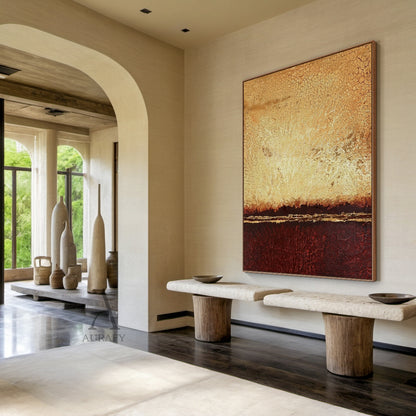 Crackle Textured Abstract Art Warm Yellow Deep Red Golden Accent Vintage Expression Piece AURA650